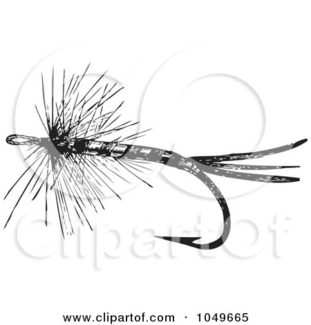 Royalty-Free (RF) Clip Art Illustration of a Black And White Retro Fly Fishing Hook - 1 by BestVector