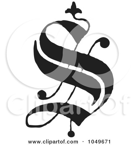Royalty-Free (RF) Clip Art Illustration of a Black And White Old English Abc Letter S by BestVector