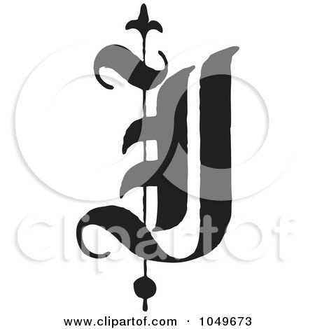 Royalty-Free (RF) Clip Art Illustration of a Black And White Old English Abc Letter J by BestVector