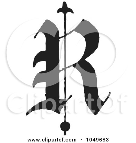 Royalty-Free (RF) Clip Art Illustration of a Black And White Old English Abc Letter R by BestVector