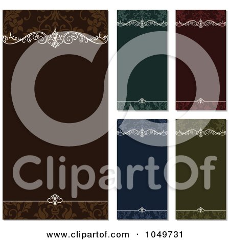 Royalty-Free (RF) Clip Art Illustration of a Digital Collage Of Vertical Green, Brown, Red And Blue Floral Invitation Backgrounds With Shading by BestVector