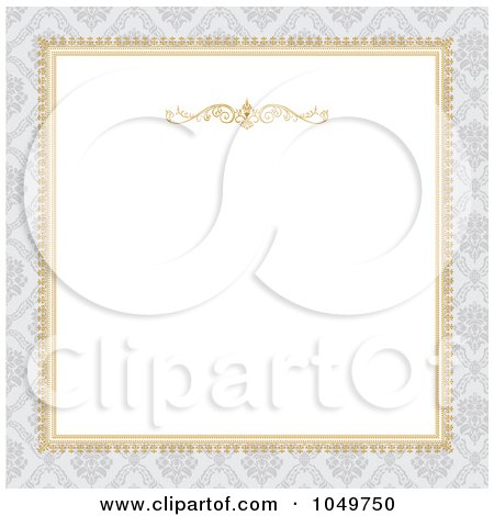Royalty-Free (RF) Clip Art Illustration of a Golden Frame And Gray Damask Around White Copyspace by BestVector