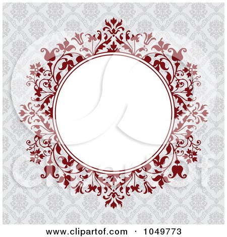 Royalty-Free (RF) Clip Art Illustration of a Round Burgundy Red Floral Frame Over Gray, Framing White Copyspace by BestVector