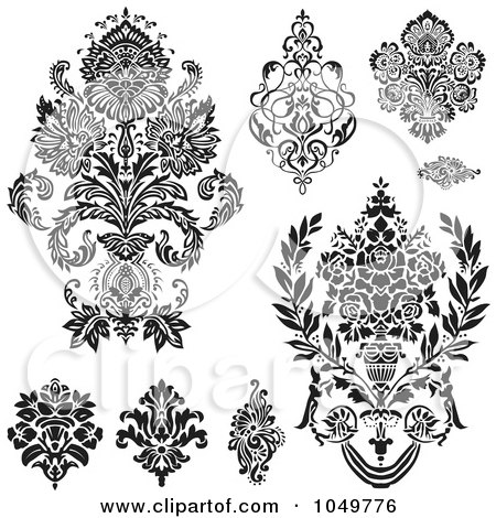 Royalty-Free (RF) Clip Art Illustration of a Digital Collage Of Black Vintage Elegant Damask Design Elements by BestVector