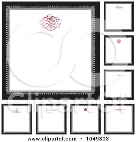 Royalty-Free (RF) Clip Art Illustration of a Digital Collage Of Black And Gray Square Frames With  Red Swirl Designs Around White Copyspace by BestVector
