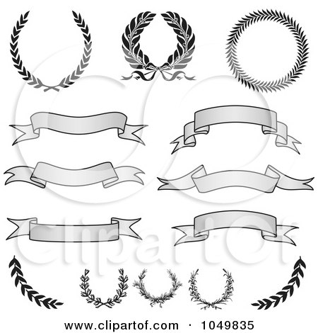Royalty-Free (RF) Clip Art Illustration of a Digital Collage Of Vintage Grayscale Banners, Laurels And Wreaths by BestVector