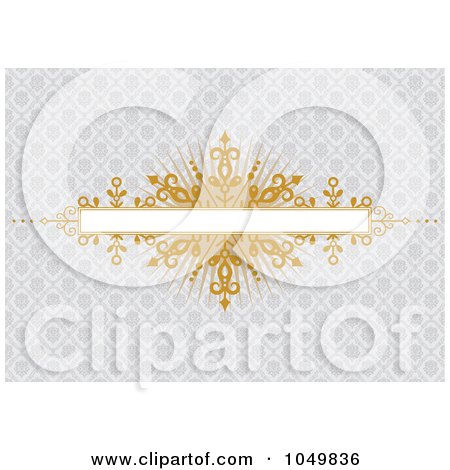 Royalty-Free (RF) Clip Art Illustration of a Gold Burst Text Bar Over A Gray Floral Pattern by BestVector