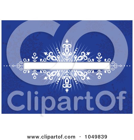 Royalty-Free (RF) Clip Art Illustration of a White Burst Text Bar Over A Blue Snowflake Pattern by BestVector