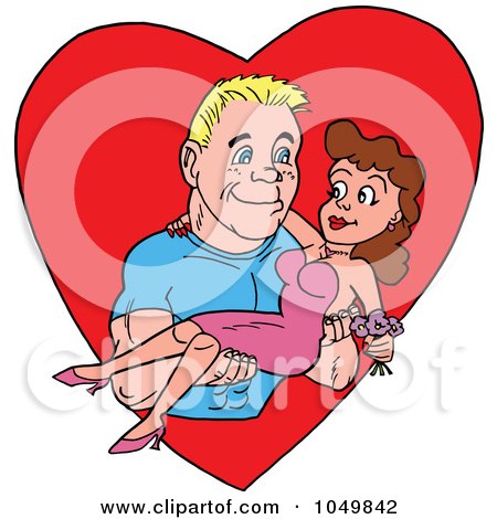Royalty-Free (RF) Clip Art Illustration of a Strong Guy Carrying A Woman In His Arms Over A Red Heart by LaffToon
