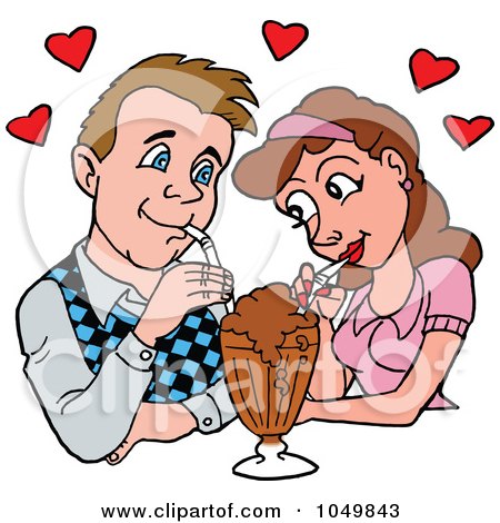 Royalty-Free (RF) Clip Art Illustration of a Loving Couple Sharing A Malt Milkshake by LaffToon