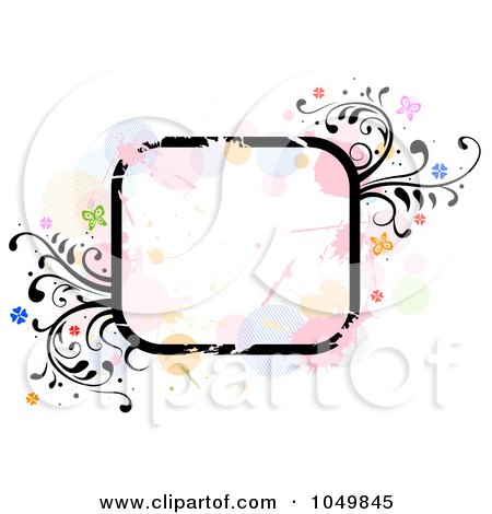 Royalty-Free (RF) Clip Art Illustration of a Grungy Rounded Square Frame With Splatters, Vines And Butterflies by BNP Design Studio