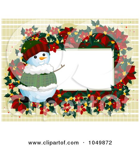 Royalty-Free (RF) Clip Art Illustration of a Poinsettia And Snowman Frame With White Copyspace by BNP Design Studio