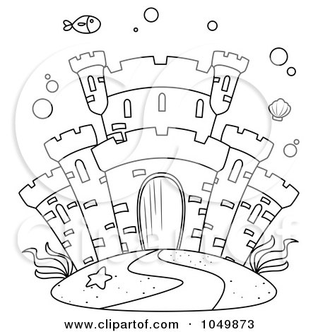 Royalty-Free (RF) Clip Art Illustration of a Coloring Page Outline Of A Castle Underwater by BNP Design Studio
