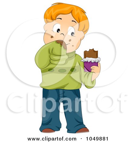 Royalty-Free (RF) Clip Art Illustration of a Messy Cartoon Boy Eating A Chocolate Candy Bar by BNP Design Studio