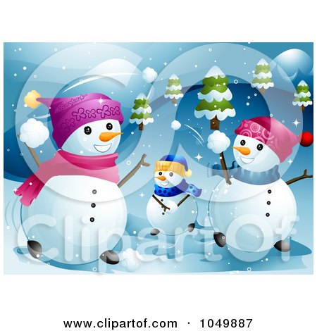 Royalty-Free (RF) Clip Art Illustration of a Snowman Family Having A Snowball Fight by BNP Design Studio
