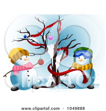 Royalty-Free (RF) Clip Art Illustration of a Snowman Couple Decorating A Bare Christmas Tree by BNP Design Studio