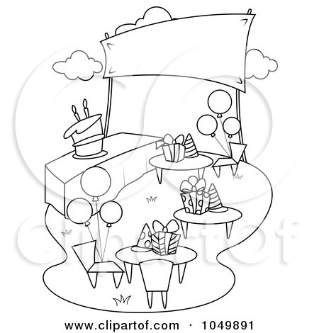 Royalty-Free (RF) Clip Art Illustration of a Coloring Page Outline Of A Garden Birthday Party by BNP Design Studio