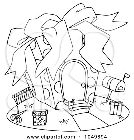 Royalty-Free (RF) Clip Art Illustration of a Coloring Page Outline Of A Gift House by BNP Design Studio