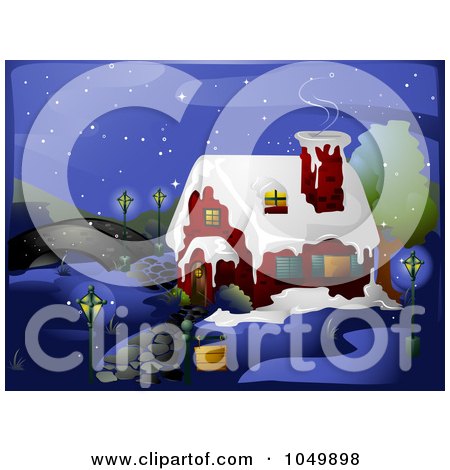 Royalty-Free (RF) Clip Art Illustration of a Winter House Near A Bridge At Night by BNP Design Studio