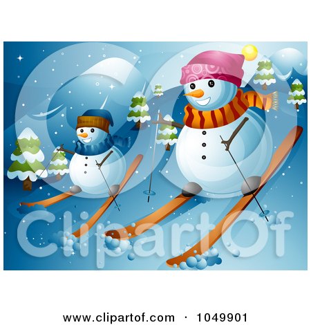 Royalty-Free (RF) Clip Art Illustration of a Snowman Couple Skiing by BNP Design Studio