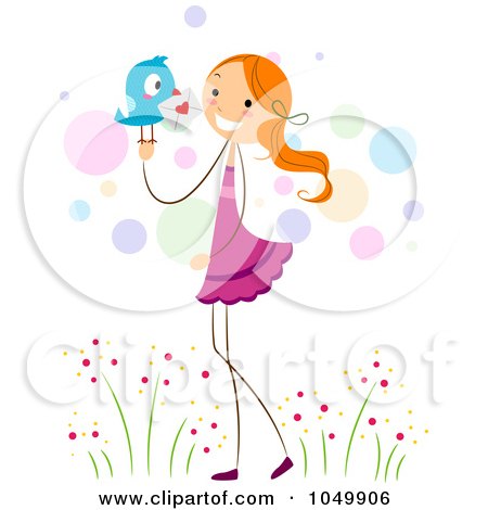 Royalty-Free (RF) Clip Art Illustration of a Bird Delivering A Love Letter To A Stick Girl by BNP Design Studio