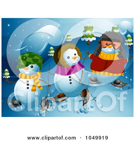 Royalty-Free (RF) Clip Art Illustration of a Snowman Family Snowshoeing by BNP Design Studio