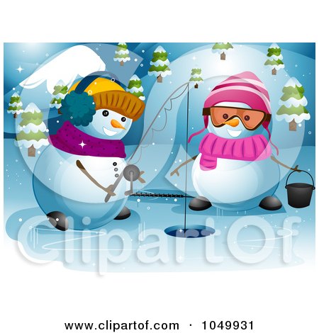 Royalty-Free (RF) Clip Art Illustration of a Snowman Couple Ice Fishing by BNP Design Studio