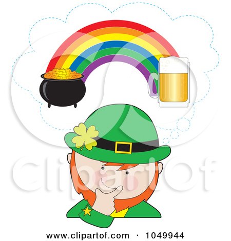 Royalty-Free (RF) Clip Art Illustration of a Leprechaun Imagining Beer And A Pot Of Gold On Opposite Ends Of The Rainbow by Maria Bell