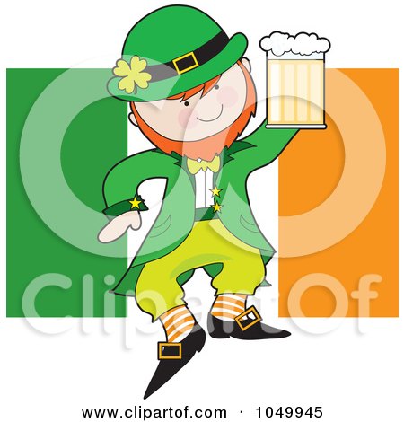 Royalty-Free (RF) Clip Art Illustration of a Leprechaun Holding Beer Over An Irish Flag by Maria Bell