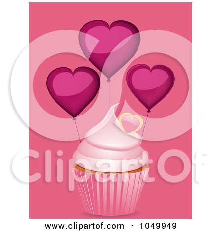 Royalty-Free (RF) Clip Art Illustration of a Pink Cupcake With Heart Balloons Over Pink by elaineitalia