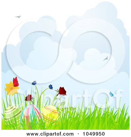 Royalty-Free (RF) Clip Art Illustration of Easter Eggs And Flowers In Spring Grass Against Clouds by elaineitalia