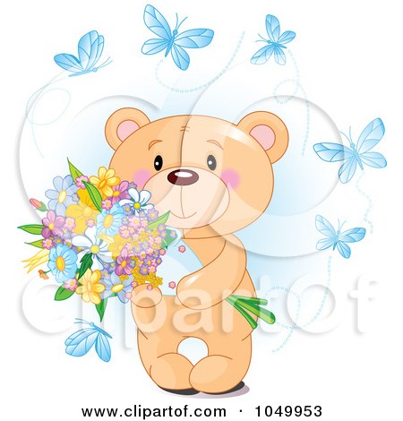 Royalty-Free (RF) Clip Art Illustration of a Sweet Teddy Bear Holding Flowers And Surrounded By Blue Butterflies by Pushkin