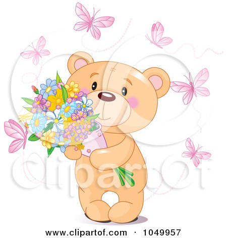 Royalty-Free (RF) Clip Art Illustration of a Teddy Bear Holding Flowers And Surrounded By Pink Butterflies by Pushkin
