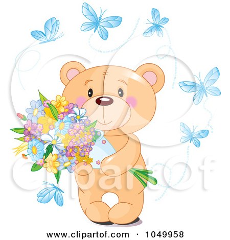 Royalty-Free (RF) Clip Art Illustration of a Teddy Bear Holding Flowers And Surrounded By Blue Butterflies by Pushkin