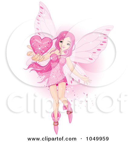 Royalty-Free (RF) Clip Art Illustration of a Fairy Holding A Pink Valentine Heart by Pushkin