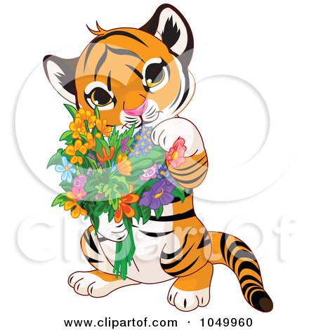 Royalty-Free (RF) Clip Art Illustration of a Baby Tiger Holding Flowers by Pushkin