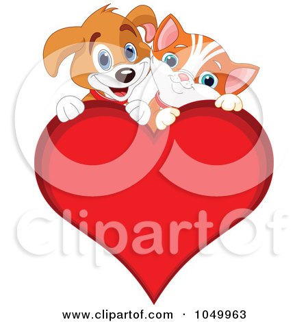 Royalty-Free (RF) Clip Art Illustration of a Kitten And Puppy On A Valentine Heart by Pushkin