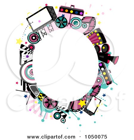 Royalty-Free (RF) Clip Art Illustration of an Oval Frame Of Entertainment Items Around Copyspace by BNP Design Studio