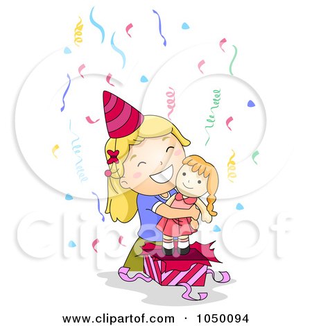 Royalty-Free (RF) Clip Art Illustration of a Birthday Girl Holding Doll by BNP Design Studio