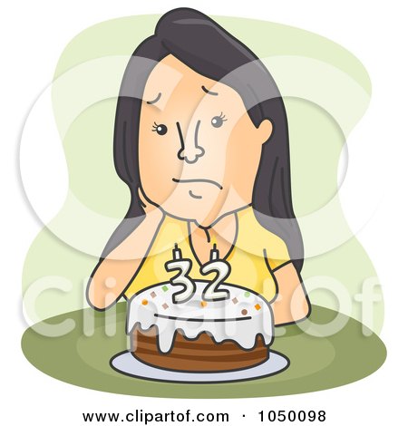 Royalty-Free (RF) Clip Art Illustration of a Sad 32 Year Old Woman Sitting By Her Birthday Cake by BNP Design Studio