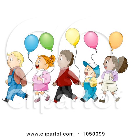 Royalty-Free (RF) Clip Art Illustration of Diverse Kids Walking In Line With Balloons by BNP Design Studio