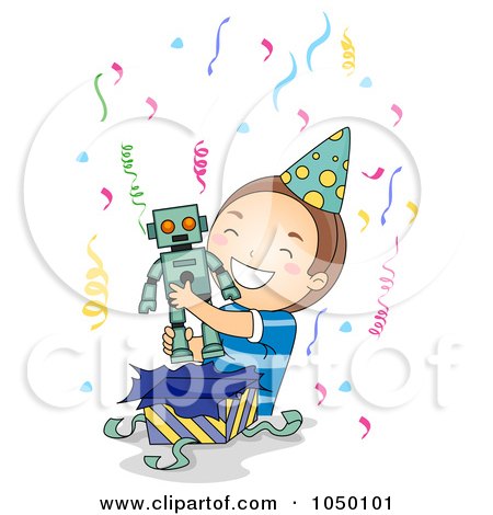 Royalty-Free (RF) Clip Art Illustration of a Birthday Boy Opening A Robot by BNP Design Studio