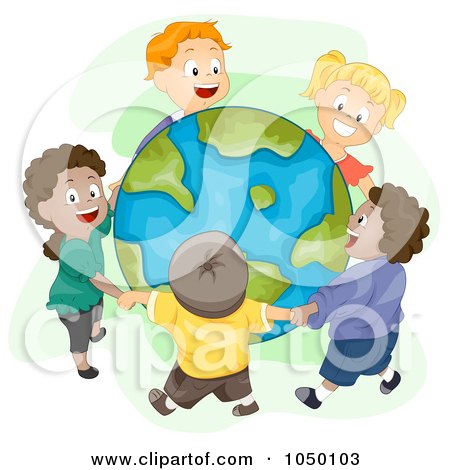 Royalty-Free (RF) Clip Art Illustration of Diverse Kids Holding Hands And Standing Around Earth by BNP Design Studio