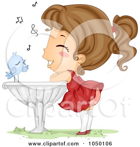 Royalty-Free (RF) Clip Art Illustration of a Blue Bird Serenading A Girl On A Bird Bath by BNP Design Studio