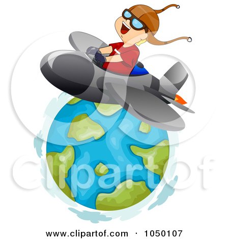 Royalty-Free (RF) Clip Art Illustration of a Boy Flying A Jet Around Earth by BNP Design Studio