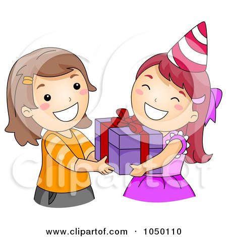 Royalty-Free (RF) Clip Art Illustration of a Girl Giving A Birthday Girl Her Gift by BNP Design Studio