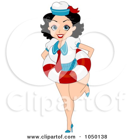 Royalty-Free (RF) Clip Art Illustration of a Pinup Sailor Woman Wearing A Life Buoy by BNP Design Studio