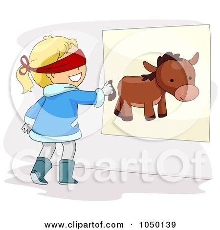 Royalty-Free (RF) Clip Art Illustration of a Girl Pinning The Tail On A Donkey At A Birthday Party by BNP Design Studio