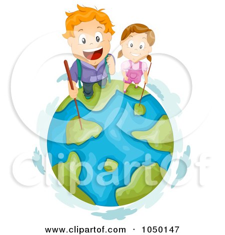 Royalty-Free (RF) Clip Art Illustration of Hiking Kids On Top Of Earth by BNP Design Studio