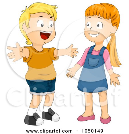 Royalty-Free (RF) Clip Art Illustration of a Boy Greeting A Girl With A Hug by BNP Design Studio